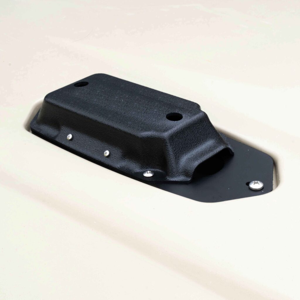 Introducing the Hobie Passport/Lynx Humminbird Compact SI Transducer Mount, a sleek and durable addition to your kayak rigging adventure. Meticulously crafted from robust black plastic, this mount is designed to seamlessly integrate onto a beige surface using sturdy screws, ensuring your transducer stays put even in the toughest conditions. Perfectly blending function with style, it’s ready to take on any waterway challenge you throw its way.
