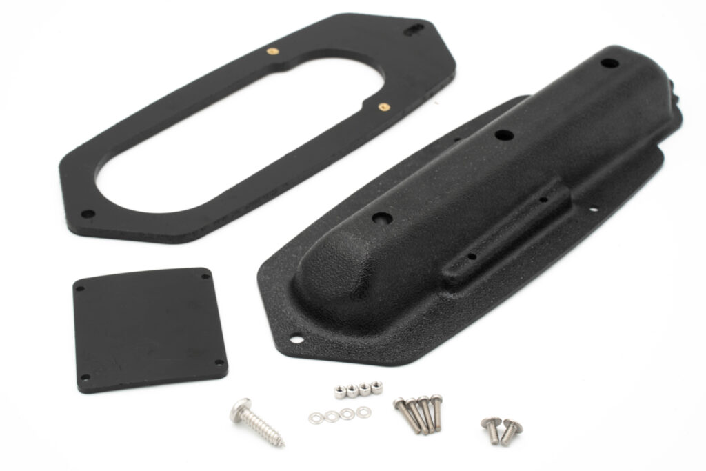 Check out our sleek black mechanical parts set, complete with everything you need: screws, washers, a gasket, cover plate, and an elongated housing designed for seamless integration with the Hobie Passport/Lynx Lowrance EAGLE TripleShot Transducer Mount. Get ready to upgrade your setup effortlessly!.