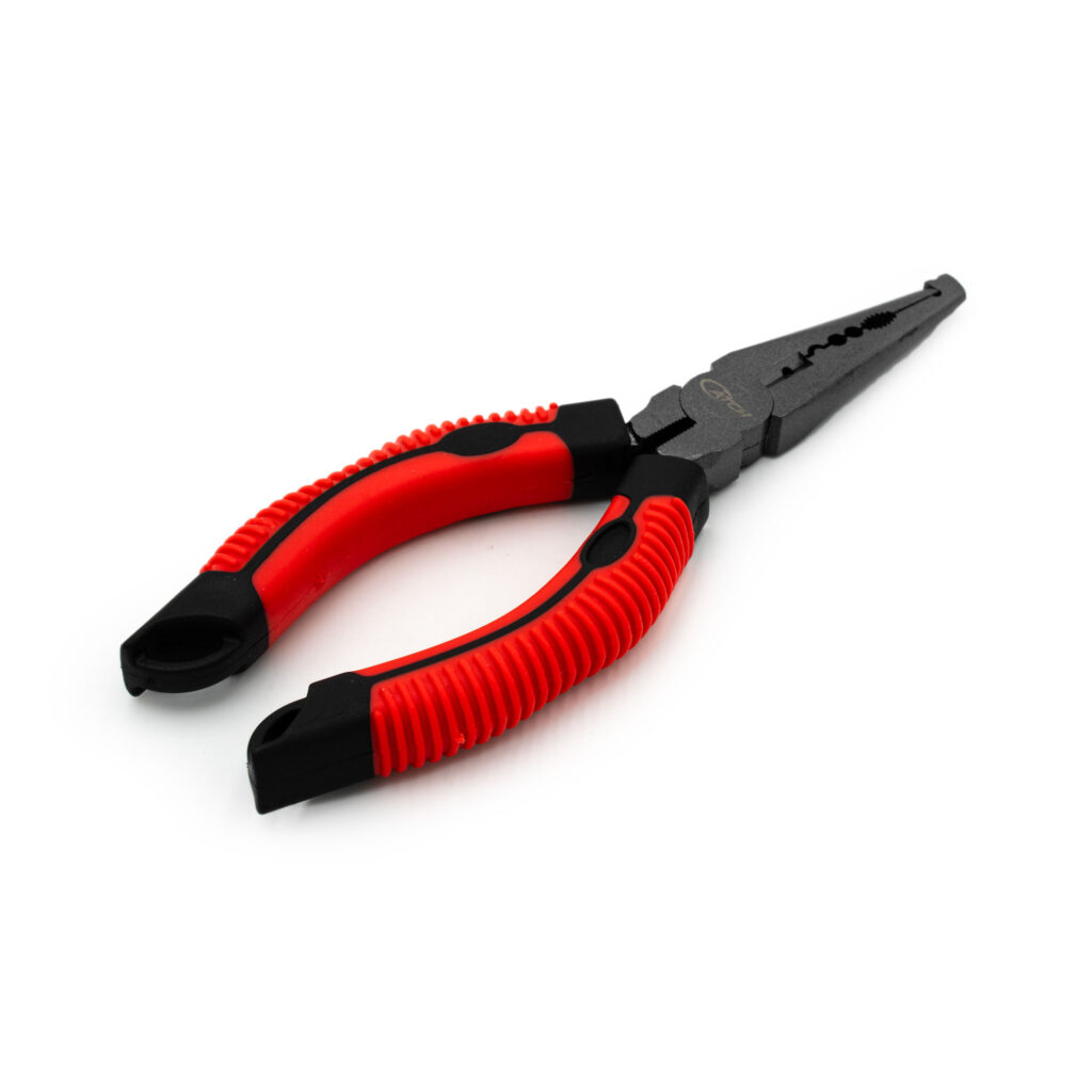 Get ready to tackle any challenge with the Catch Split Ring Pliers! Sporting a bold red handle, these pliers are designed with a serrated jaw that makes gripping and cutting a breeze. The sleek black gripping surface completes the look, providing both style and function. All set against a crisp white background, these pliers are as eye-catching as they are effective. Get ready to elevate your gear game!.