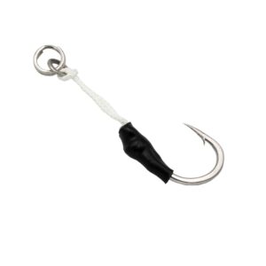 Check out the Micro Jigging Assist Hooks, crafted for performance and ease! These bad boys come with a slick silver fishing hook connected to a sturdy white braided leader. Featuring a sleek black wrap and topped off with a durable metal loop, they're designed for effortless attachment. Perfect for stepping up your fishing game!.