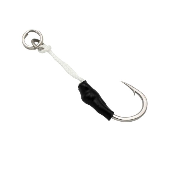 Check out the Micro Jigging Assist Hooks, crafted for performance and ease! These bad boys come with a slick silver fishing hook connected to a sturdy white braided leader. Featuring a sleek black wrap and topped off with a durable metal loop, they're designed for effortless attachment. Perfect for stepping up your fishing game!.