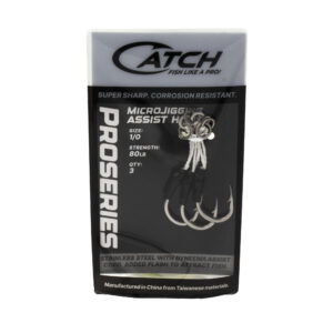 Check out these Micro Jigging Assist Hooks, perfect for all you fishing enthusiasts out there! This awesome set comes with three size 1/0 stainless steel hooks, boasting an impressive 80 lb strength. Plus, they feature a tough-as-nails Dyneema assist cord to ensure top-notch performance every time you're out on the water.