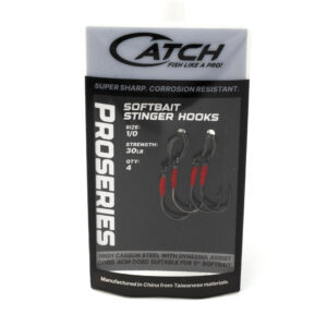 Introducing the Catch Proseries Softbait Stinger Hooks, where functionality meets form! These bad boys come in a handy pack of four, sporting a size 1/0 and packing an impressive 30lb strength. Built tough with high carbon steel and finished with reliable Dyneema assist cord, these hooks are crafted for durability out on the water. Made in China, they’re designed to elevate your angling game to new heights. Get ready to hook onto performance!.