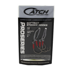 Introducing the Catch Pro Series Softbait Stinger Hooks – your go-to for superior performance! These bad boys are size 1/0 and pack a punch with 30lb strength. Each set includes four high-quality pieces crafted from top-notch high carbon steel, paired with tough-as-nails Dyneema assist cords. Built to last and ready to tackle any fishing adventure, these hooks are made in China, ensuring top-tier craftsmanship you can rely on. Perfect for anglers who demand the best!.