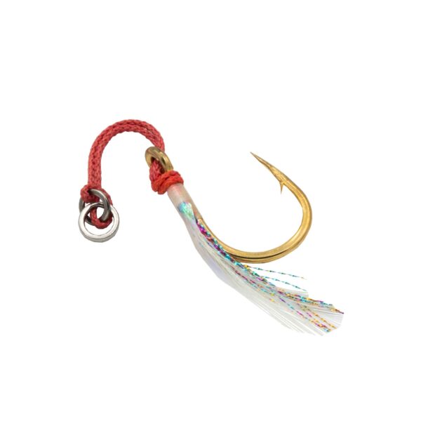 Introducing the Heavy Duty Jigging Assist Hooks, featuring a golden barb and red braided loop complete with iridescent tassels. These hooks are perfect for lure fishing and tackling those heavy-duty conditions with ease. Get ready to step up your jigging game like never before!.