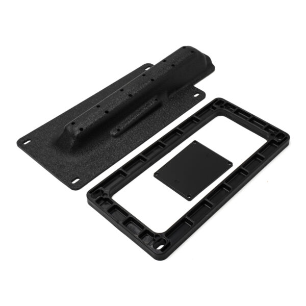 Check out this sleek black vehicle license plate mount bracket and spacer, laid out on a clean white background. It's the perfect match for your K2F NEXT GEN Tripleshot Transducer Mount, ready to elevate your setup to the next level!.