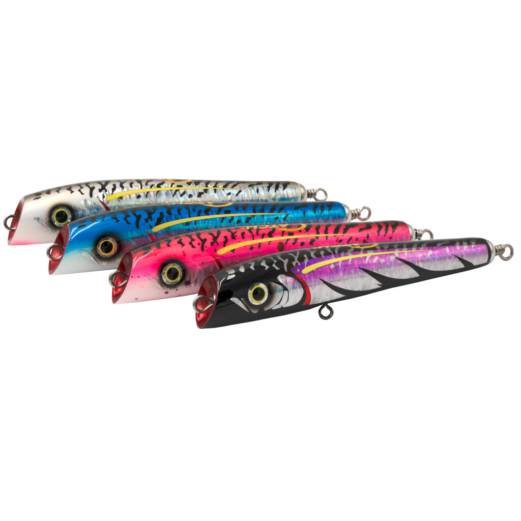 Check it out, mates! We've got four wickedly vibrant lures from the Catch Handmade Diving Popper Mojo D Series, lined up and ready to make some waves. Each one boasts its own epic pattern—classic white with black, oceanic blue, punchy pink, and a bold black with purple combo. These bad boys are crafted to up your game and bring in the big ones like never before. Dive into action with these eye-catching beauties!.