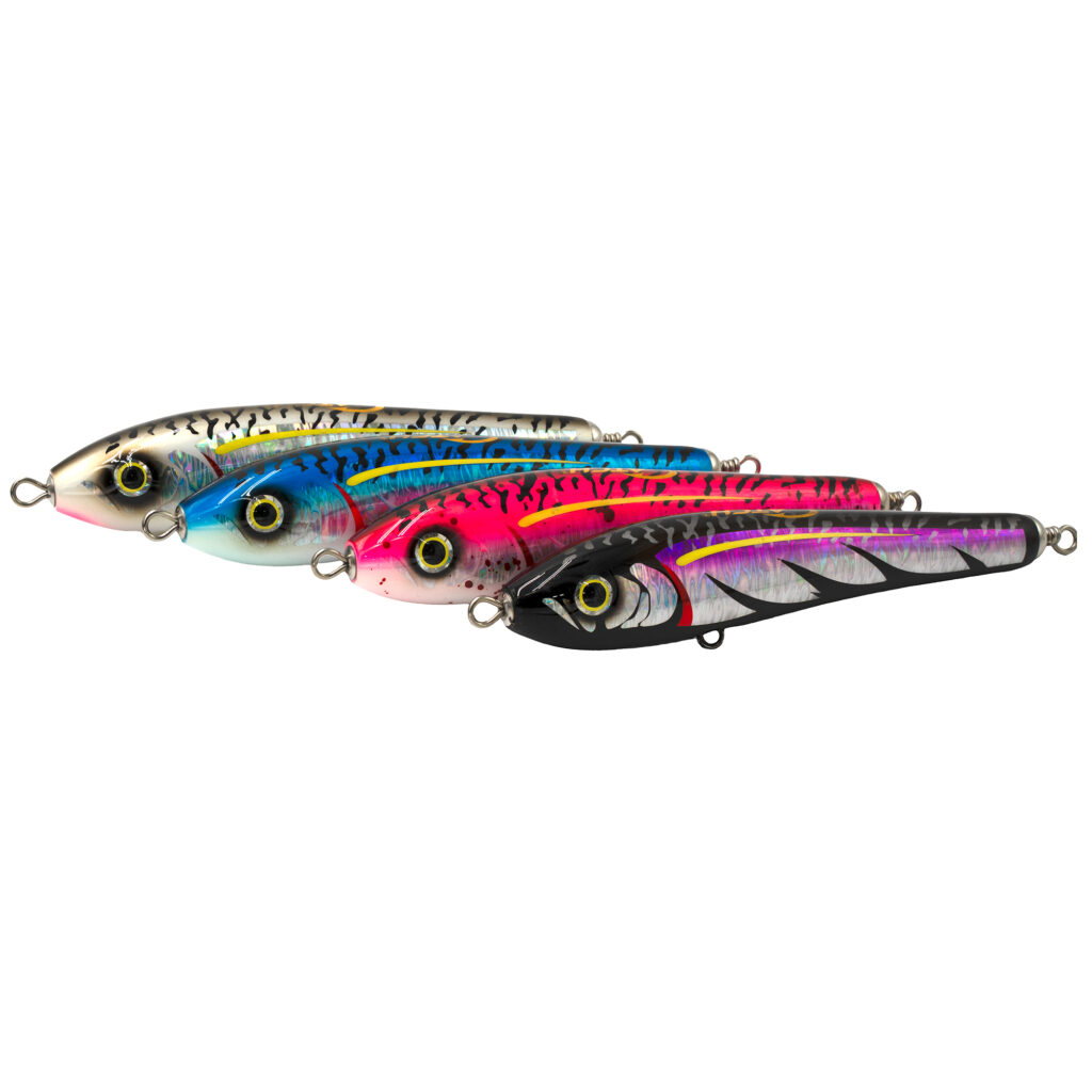Check out these three dynamic fishing lures—the Catch Handmade Stickbait Mojo F Series. They come in striking designs with fish-like patterns, available in blue, pink, and black. Perfect for reeling in your next big catch!.