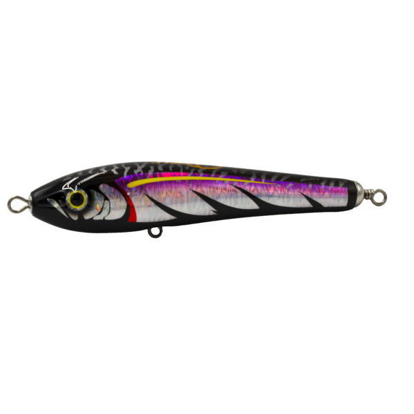 Check out the Catch Handmade Stickbait Mojo F Series! This isn't just any lure—it's a vibrant, fish-shaped masterpiece ready to rock your fishing world. Decked out in stunning purple, white, pink, and black patterns with ultra-detailed eye designs, this bad boy demands attention. It's equipped with sturdy metal loops on both ends for a rock-solid attachment. Displayed against a crisp white backdrop, it seriously pops and is ready to become your next tacklebox essential!.