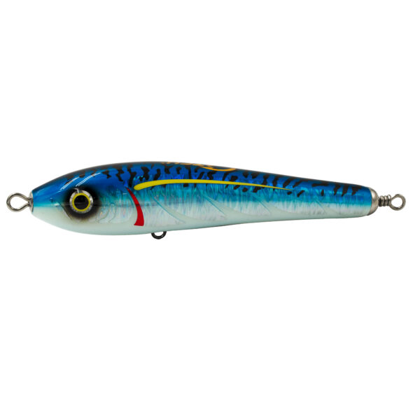 Introducing the Catch Handmade Stickbait Mojo F Series! This beauty sports a striking blue and white body, jazzed up with vibrant yellow and red accents that'll make any predator double-take. The detailed eye adds that extra touch of realism, making it irresistible to underwater hunters. With metal loops on both ends, attaching this lure is a breeze—get ready for some serious action on your next fishing adventure!.