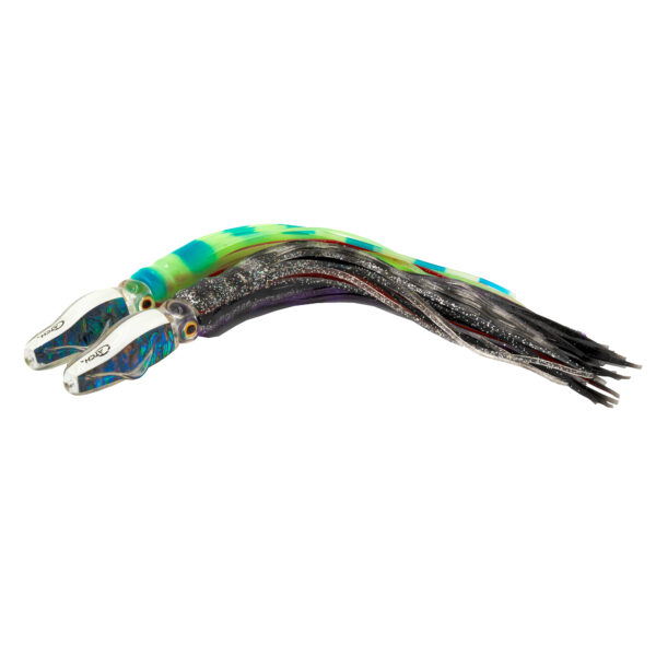 Check out these Two Catch Squidwings Trolling Skirted Lures! Bright, vibrant, and glistening with those awesome fringed tails, they sit side by side on a clean white background. Ready to catch something big? Let’s go!.
