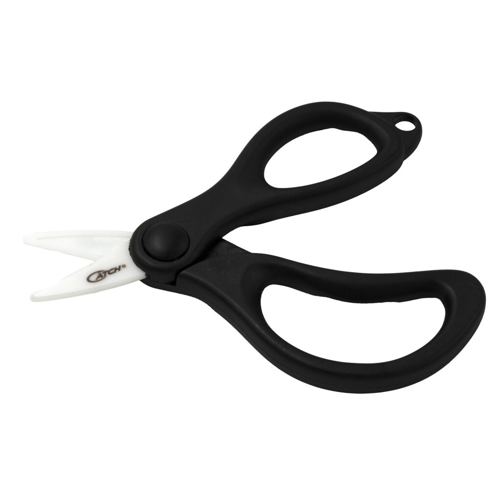 Check out the Catch Ceramic Braid Scissors, designed with a sleek black handle and a sharp white blade. These scissors are perfect for slicing through a variety of materials with ease. On our site, they're showcased against a plain white background that highlights their clean, precise design.