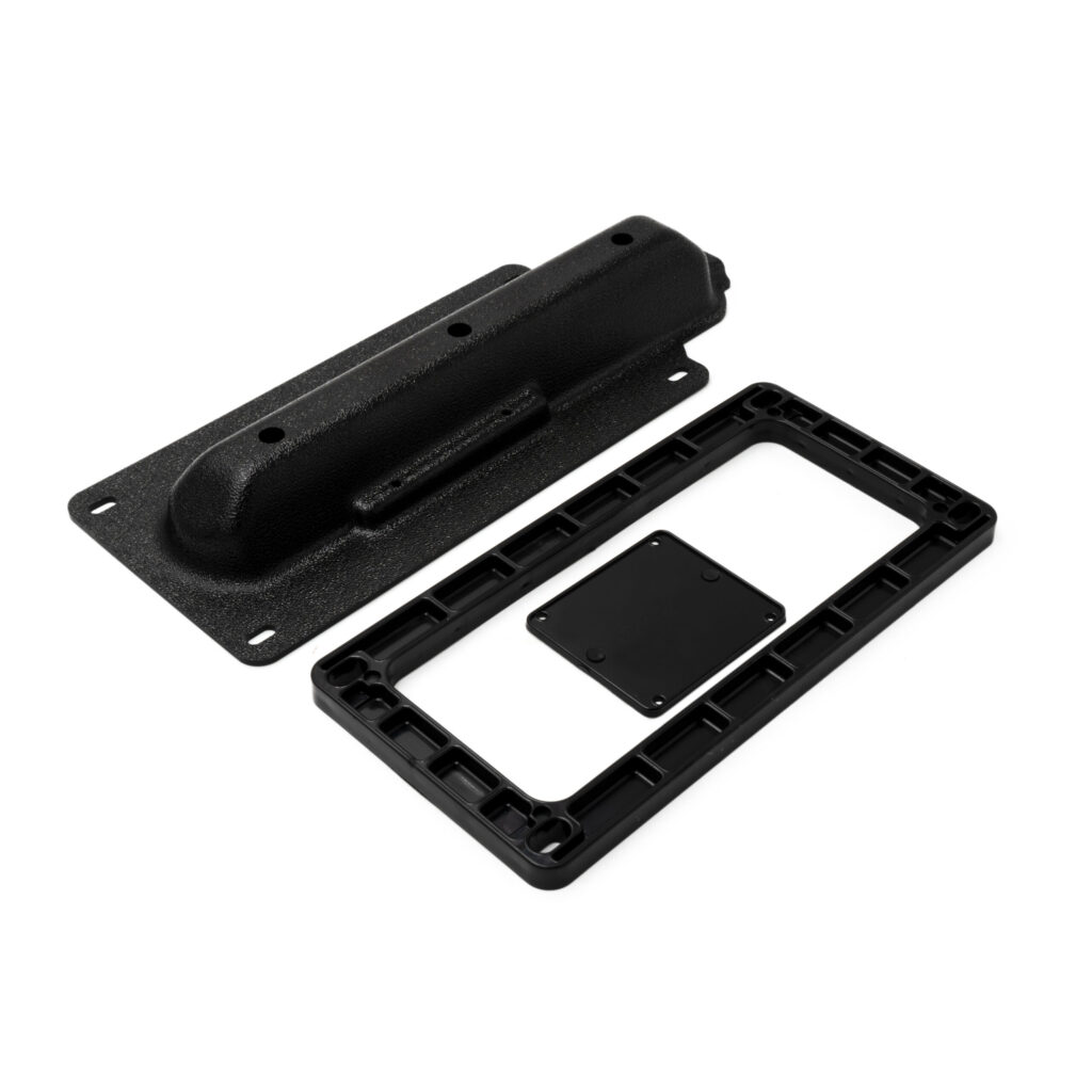 Introducing the K2F NEXT GEN Eagle Tripleshot Transducer Mount, crafted with top-notch black plastic components, reminiscent of those trusty pickup truck bed tie-down anchors you know and love. With its sleek rectangular frame and a cover boasting four corner holes, this mount means business against a crisp white background. Perfect for securing your gear, it's designed to deliver the durability and reliability you need for any adventure on the road or water. Trust us; your equipment has never been in better hands!.