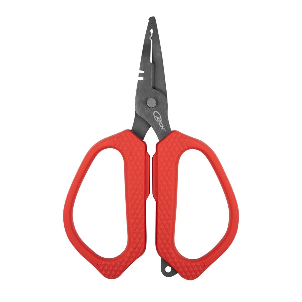 Catch Snip & Split Ergo Scissors are red and black pair of fishing scissors